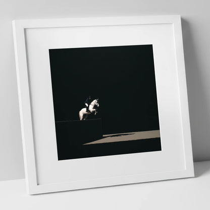 Suspended in Obsidian show jumping horse art print in white frame