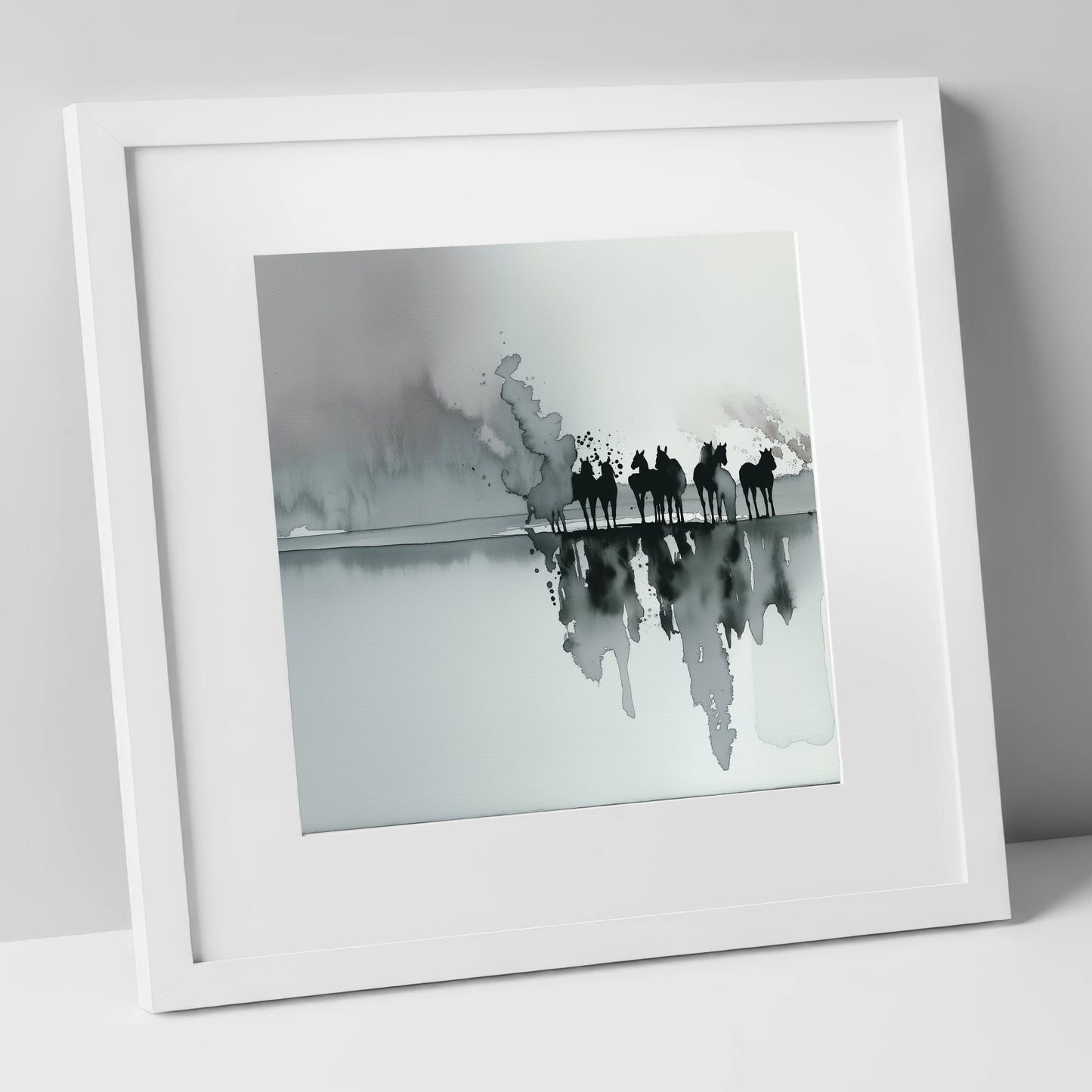 Monochrome Mist Herd wild horses art print in white frame