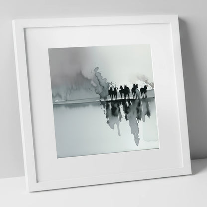 Monochrome Mist Herd wild horses art print in white frame