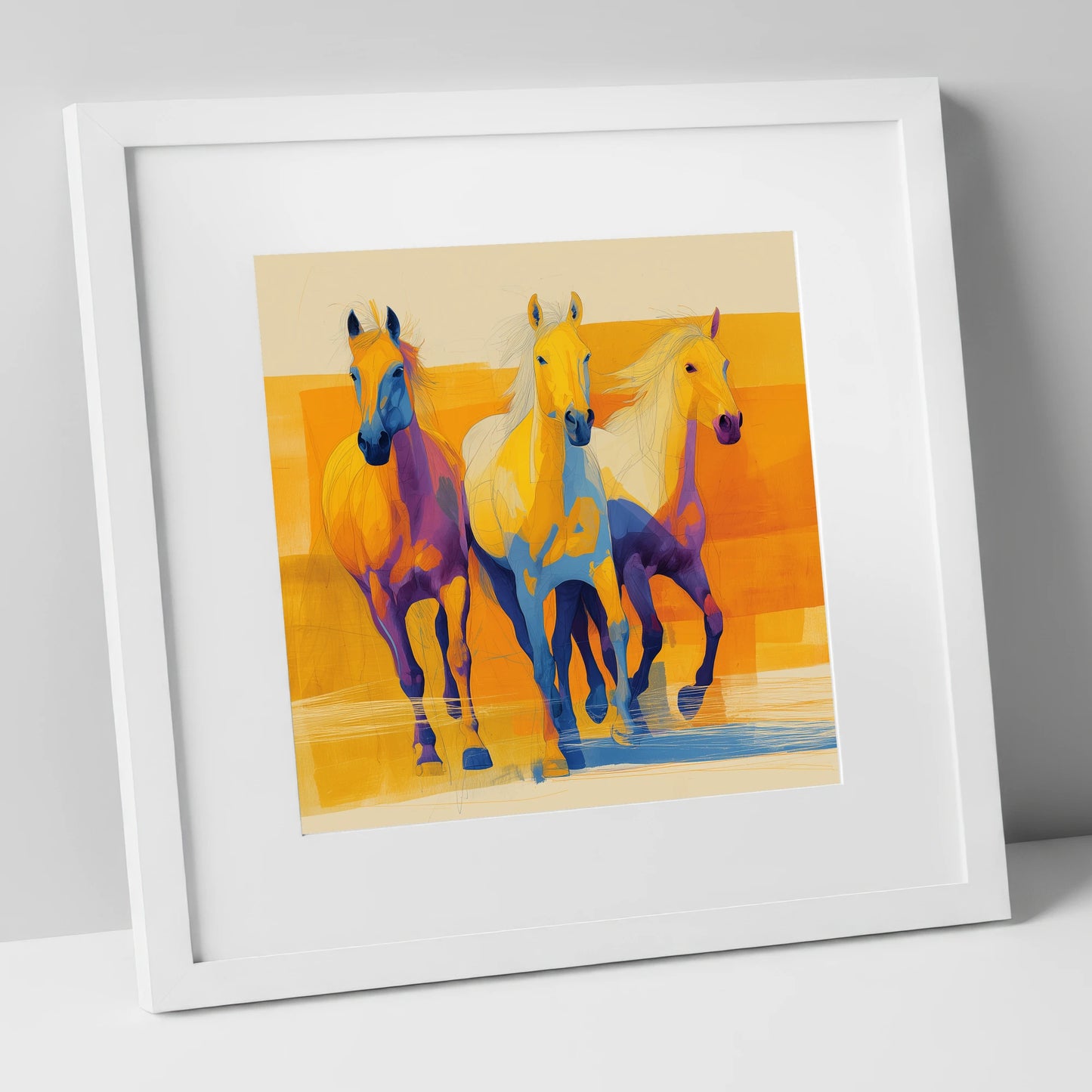 Three Vibrant Strides horse landscape art print in white frame