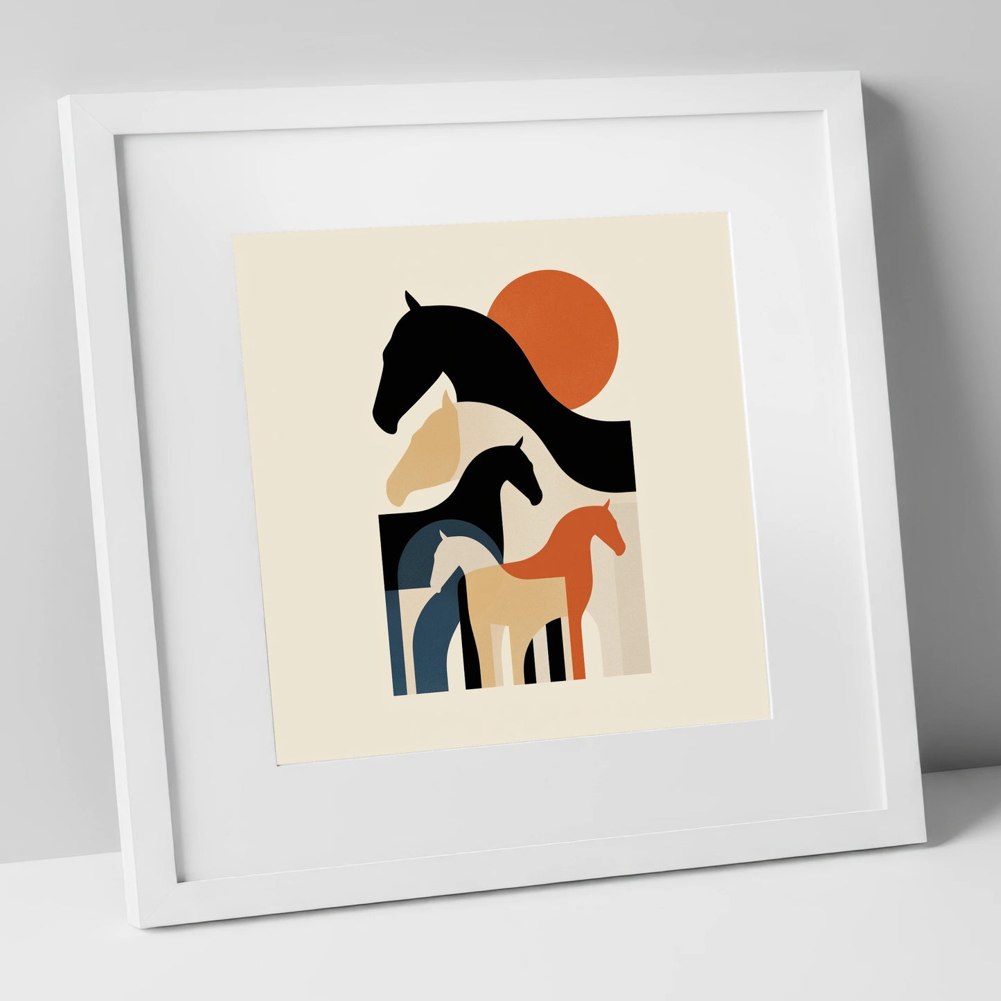 Retro Equine Silhouettes wild horses art print in white frame