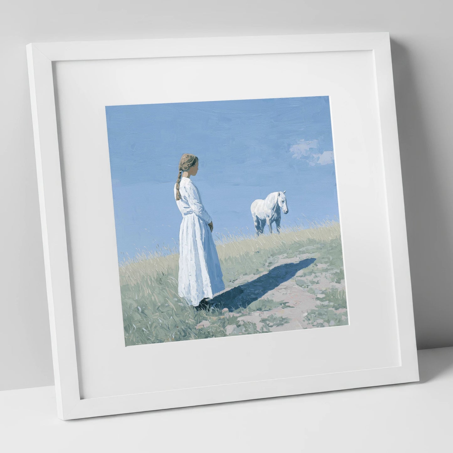 The Quiet Companion horse & rider art print in white frame