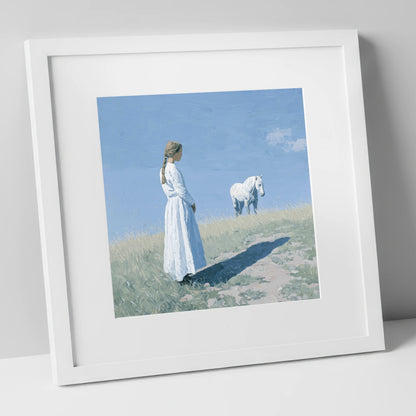 The Quiet Companion horse & rider art print in white frame