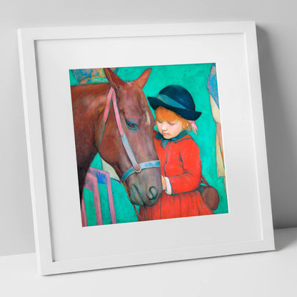 The Gentle Introduction horse & rider art print in white frame