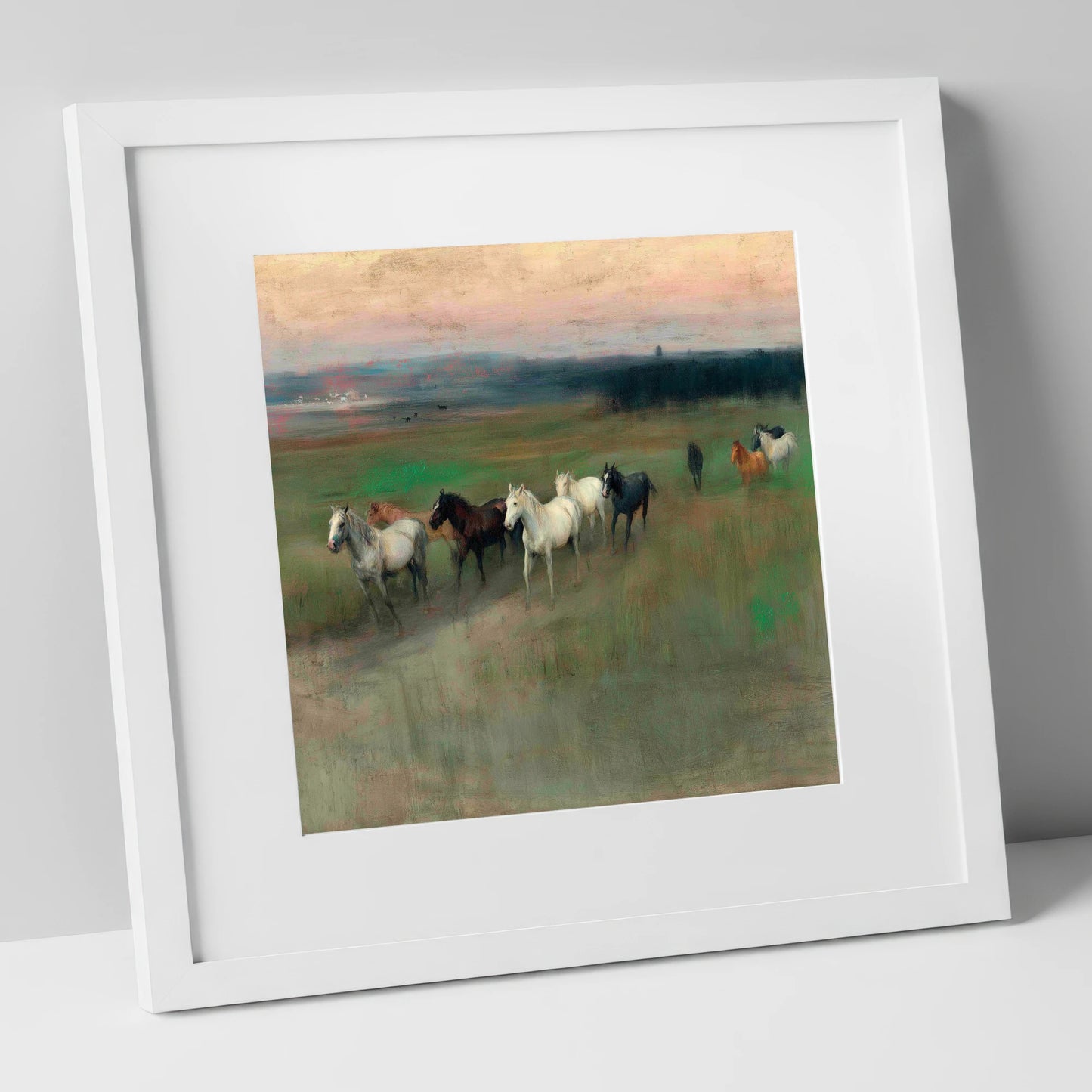 Distant Horizon Herd wild horses art print in white frame