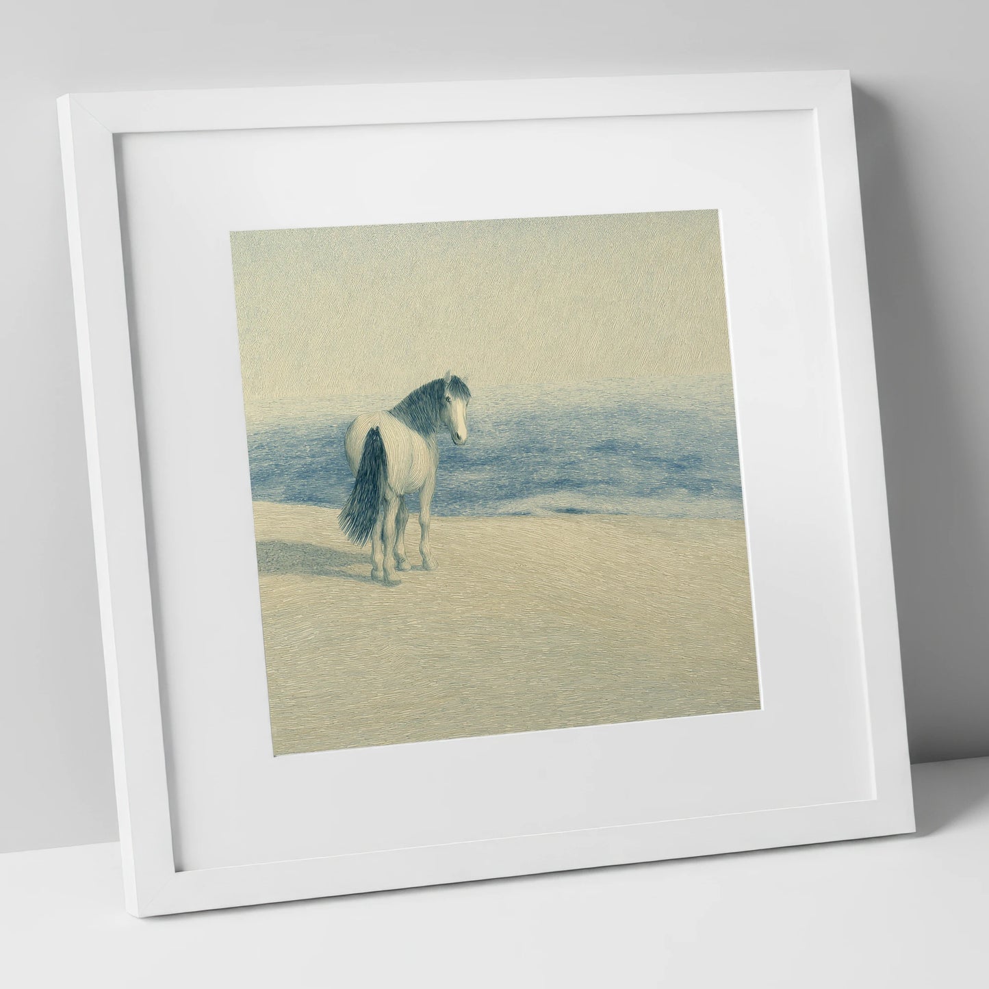 The Shoreline Gaze horse landscape art print in white frame