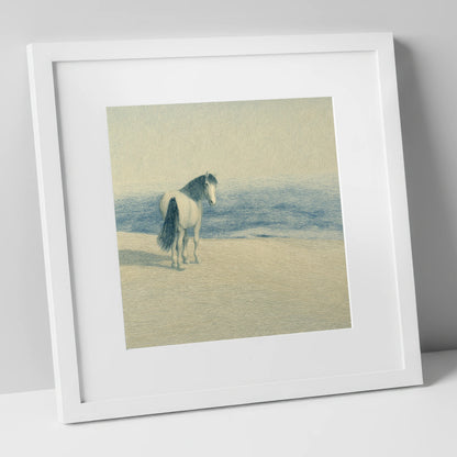 The Shoreline Gaze horse landscape art print in white frame