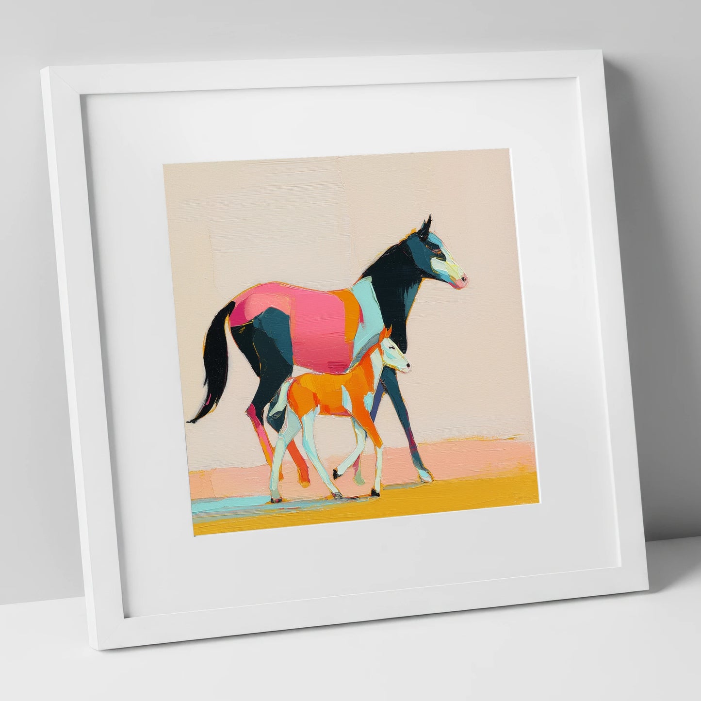 Vivid Strides mare & foal art print in white frame