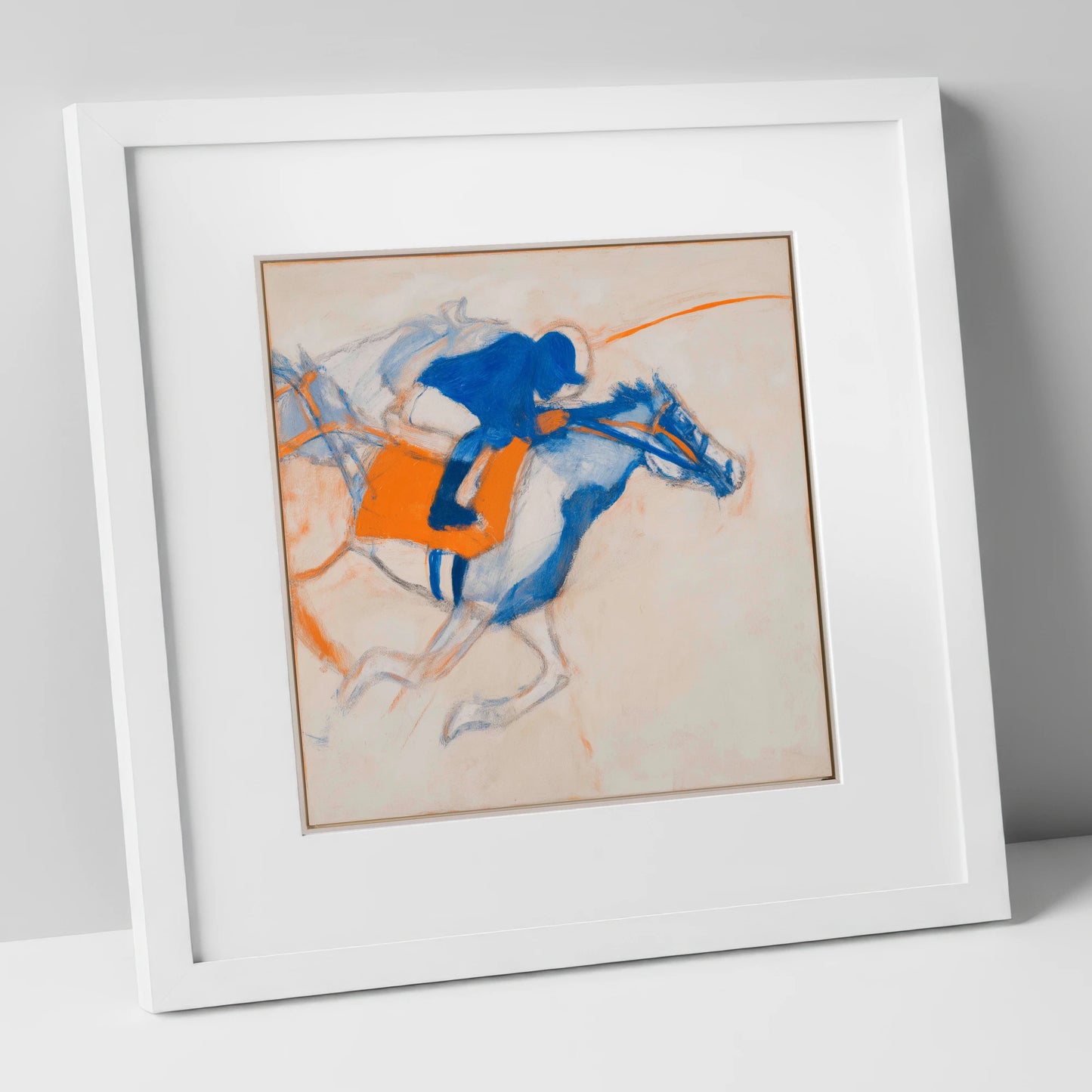 Gallop in Blue racing horse art print in white frame