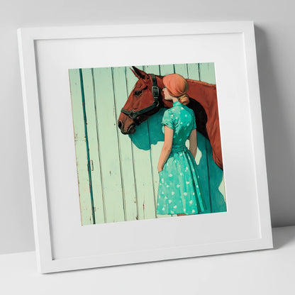 Shadows in Mint and Chestnut horse & rider art print in white frame