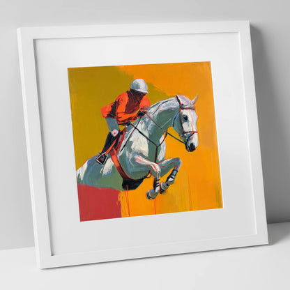 Airborne Over Gold show jumping horse art print in white frame