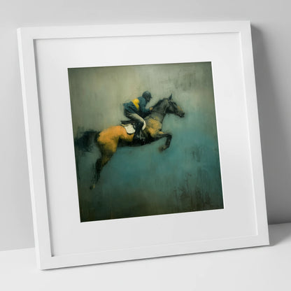 Suspended Momentum show jumping horse art print in white frame