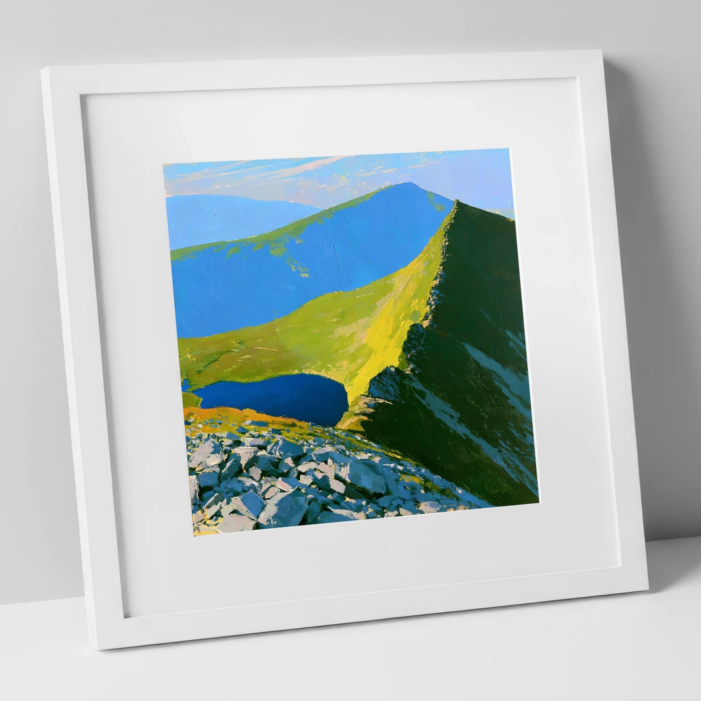 Vibrant Mountain Tarn Landscape horse landscape art print in white frame