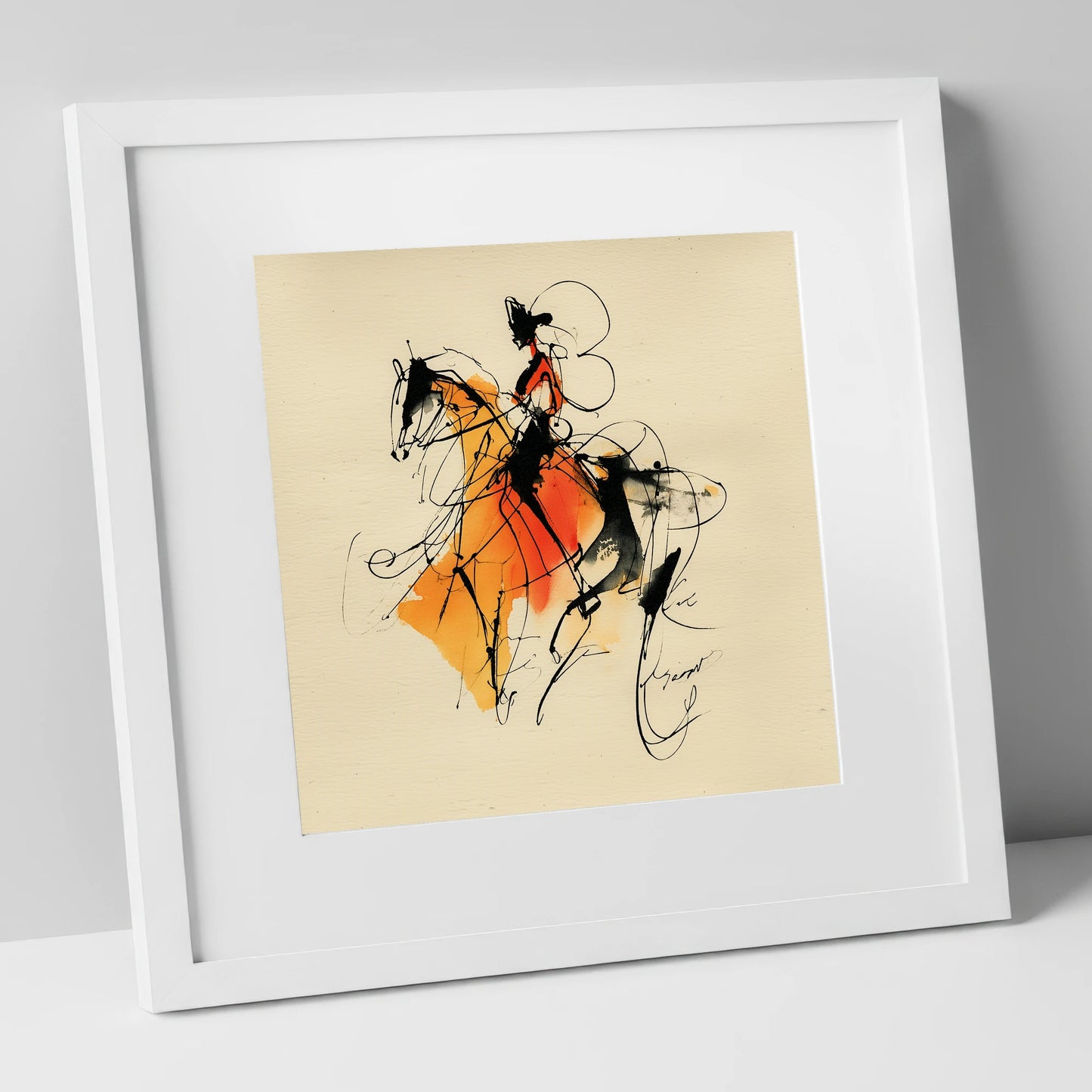 Harmony in Amber dressage horse art print in white frame