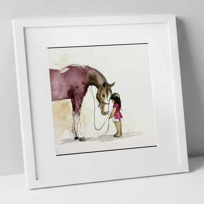 A Quiet Understanding horse & rider art print in white frame