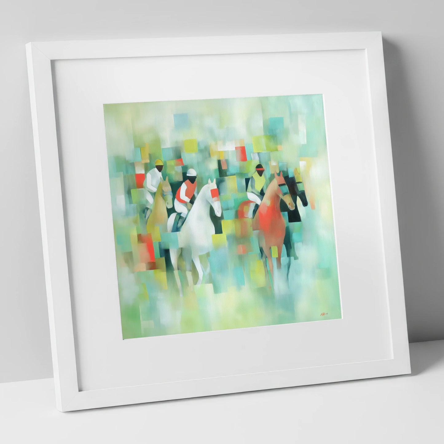 Prismatic Racing Silks racing horse art print in white frame