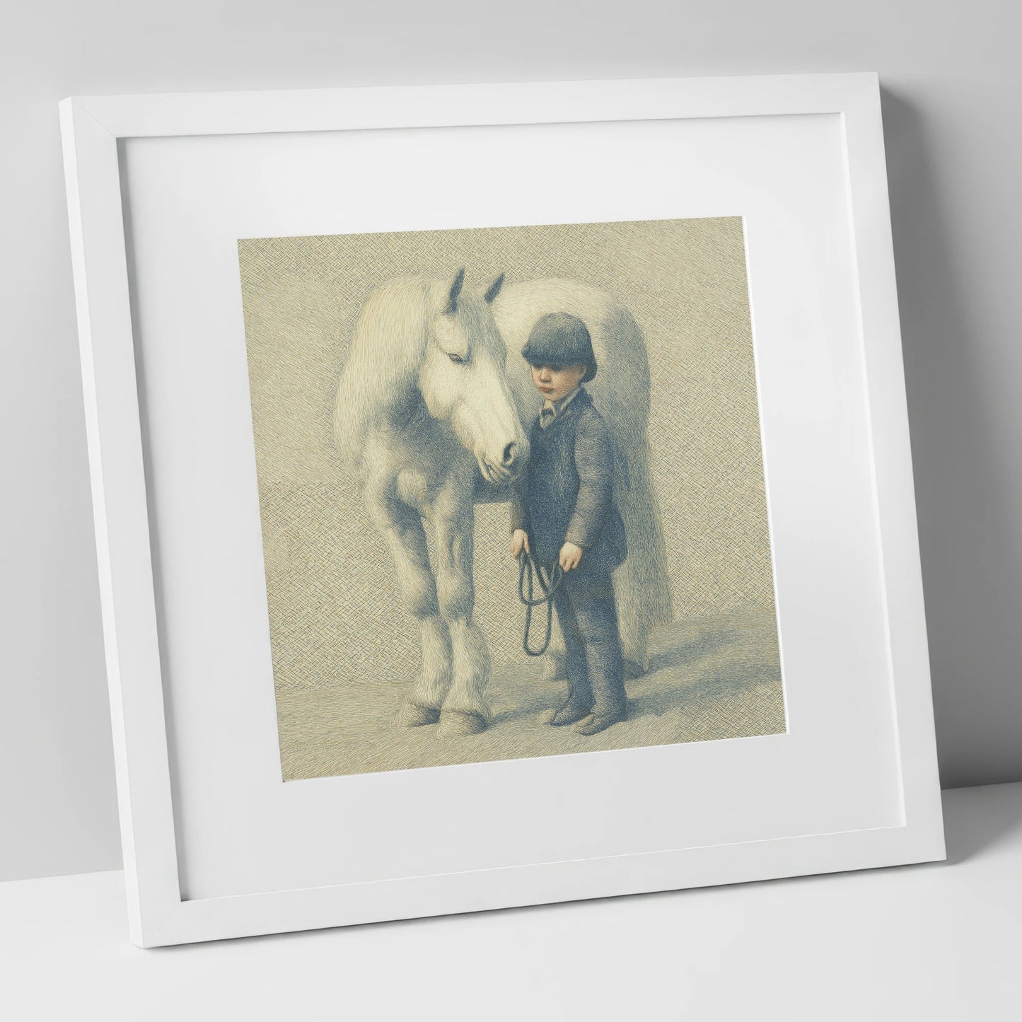 The Young Handler horse & rider art print in white frame