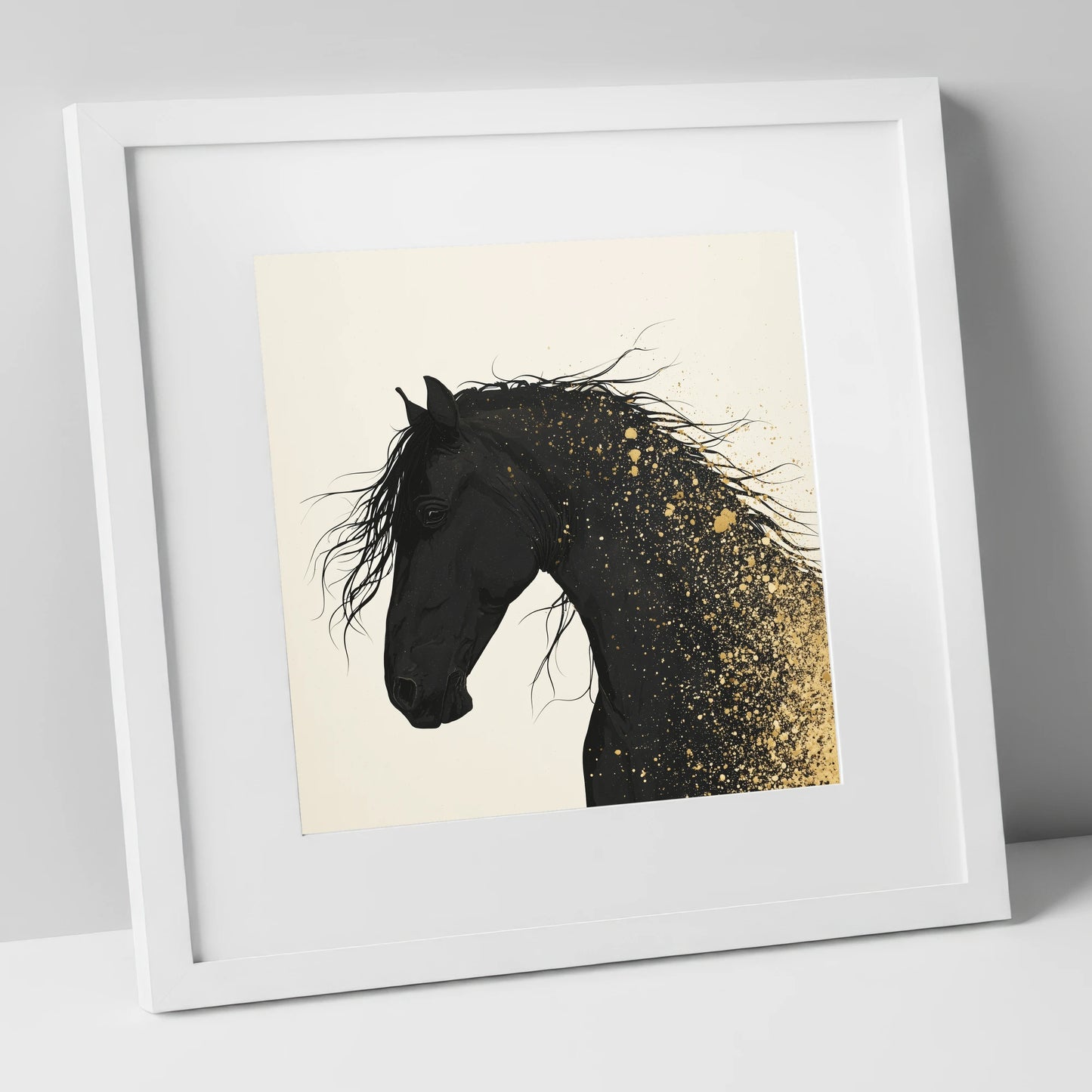 Gilded Midnight horse breed art print in white frame