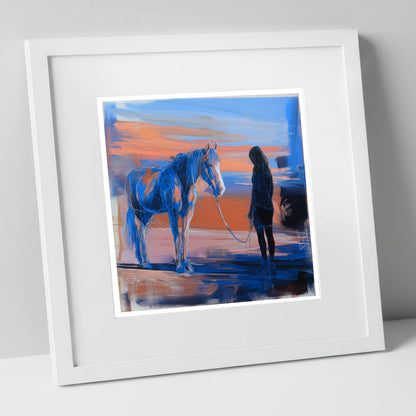 The Quiet Language horse & rider art print in white frame