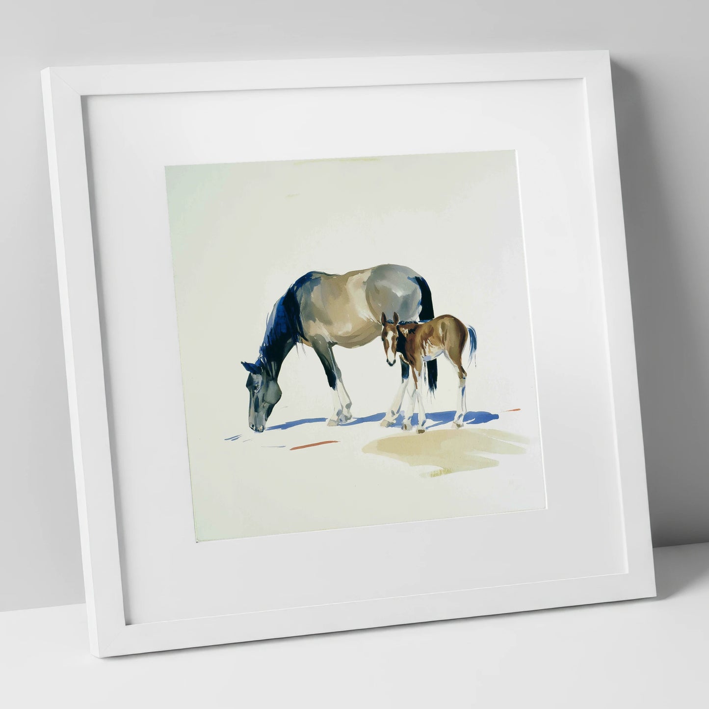 Spring Pasture Shadows mare & foal art print in white frame