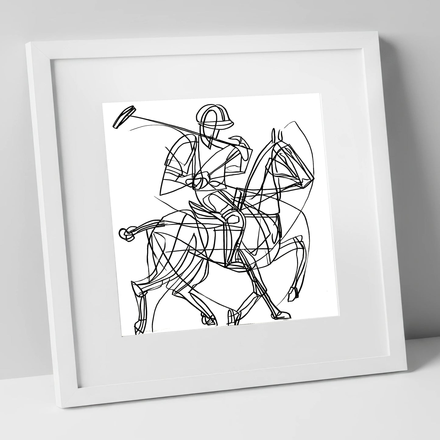 Linear Polo Strike polo horse art print in white frame