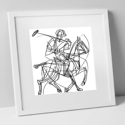 Linear Polo Strike polo horse art print in white frame
