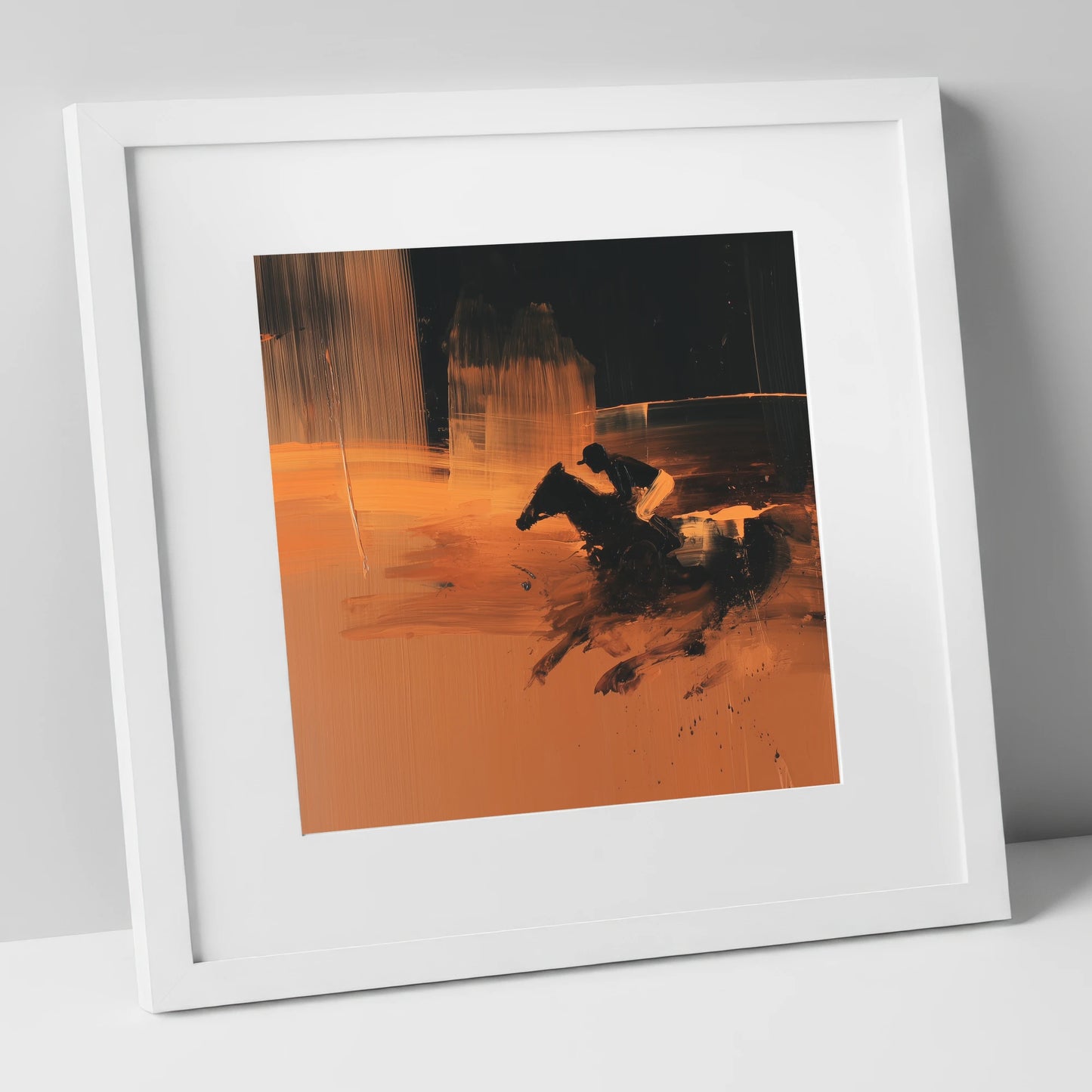 Amber Racing Silhouette racing horse art print in white frame