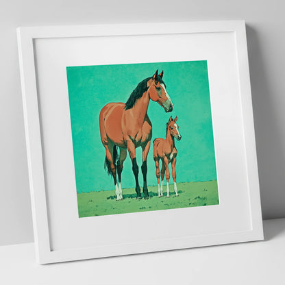 Striking Bay Bloodlines mare & foal art print in white frame