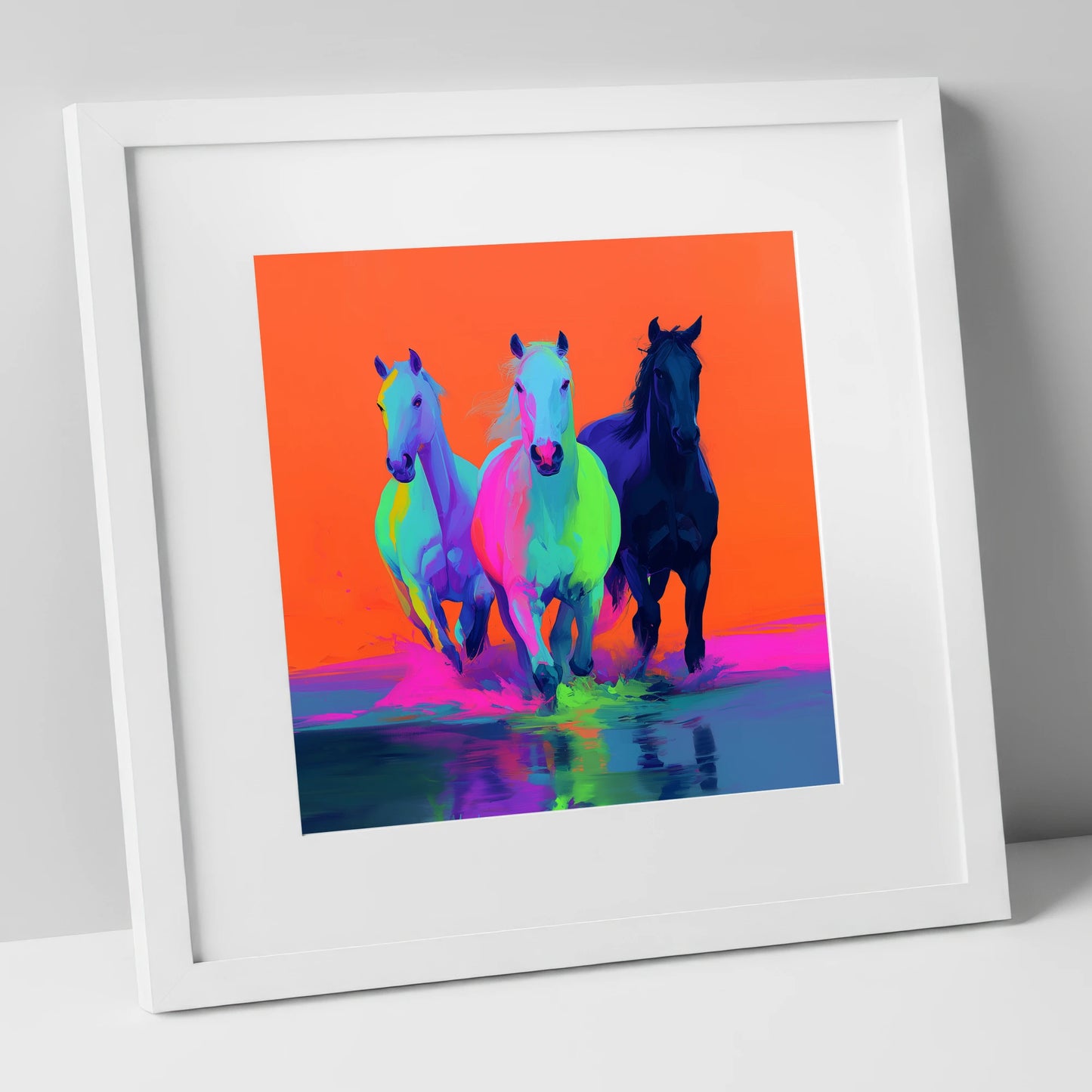 Technicolour Canter wild horses art print in white frame