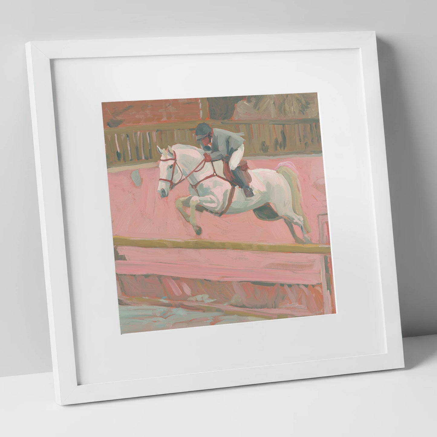 Flight in Dusty Pink show jumping horse art print in white frame