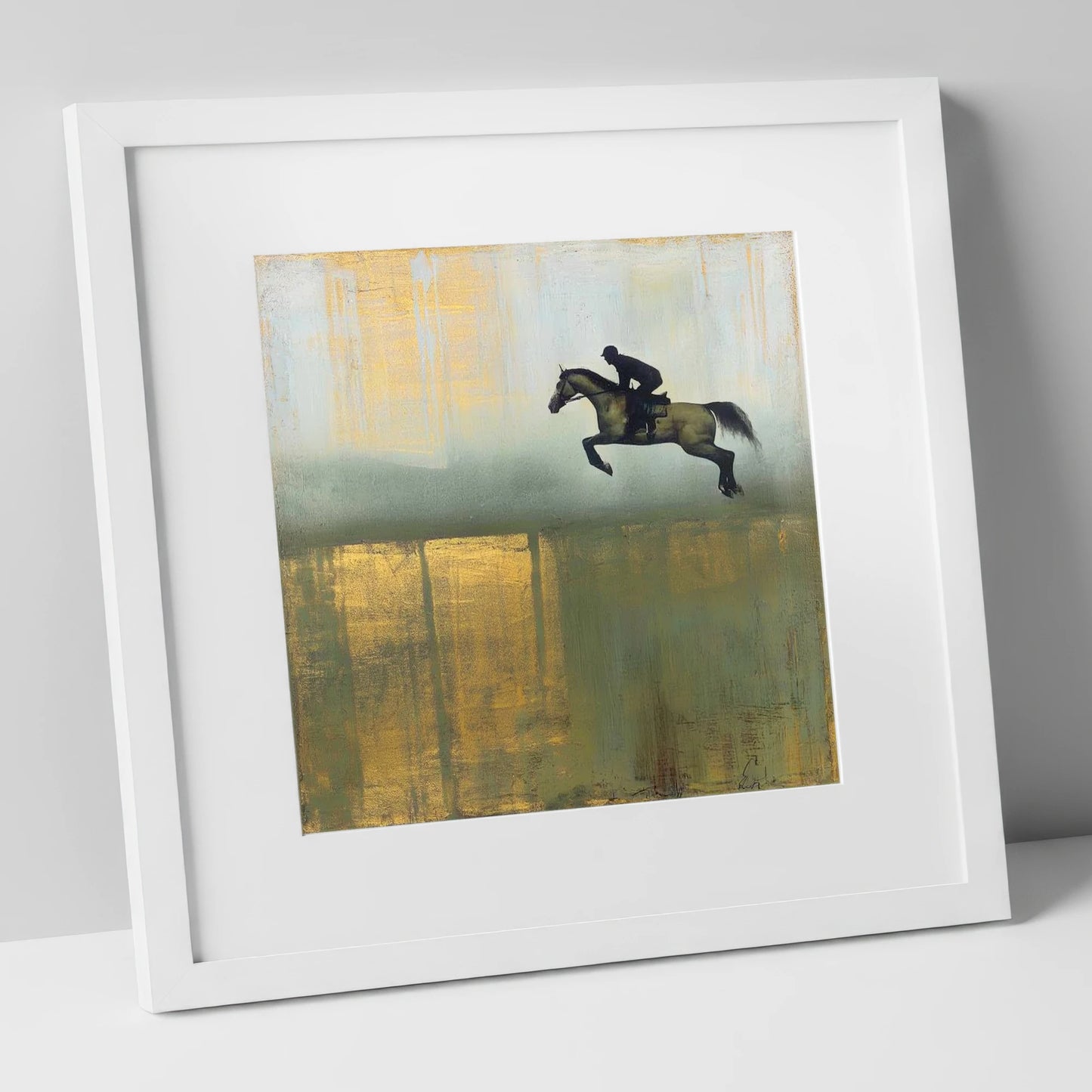 Gilded Suspension show jumping horse art print in white frame
