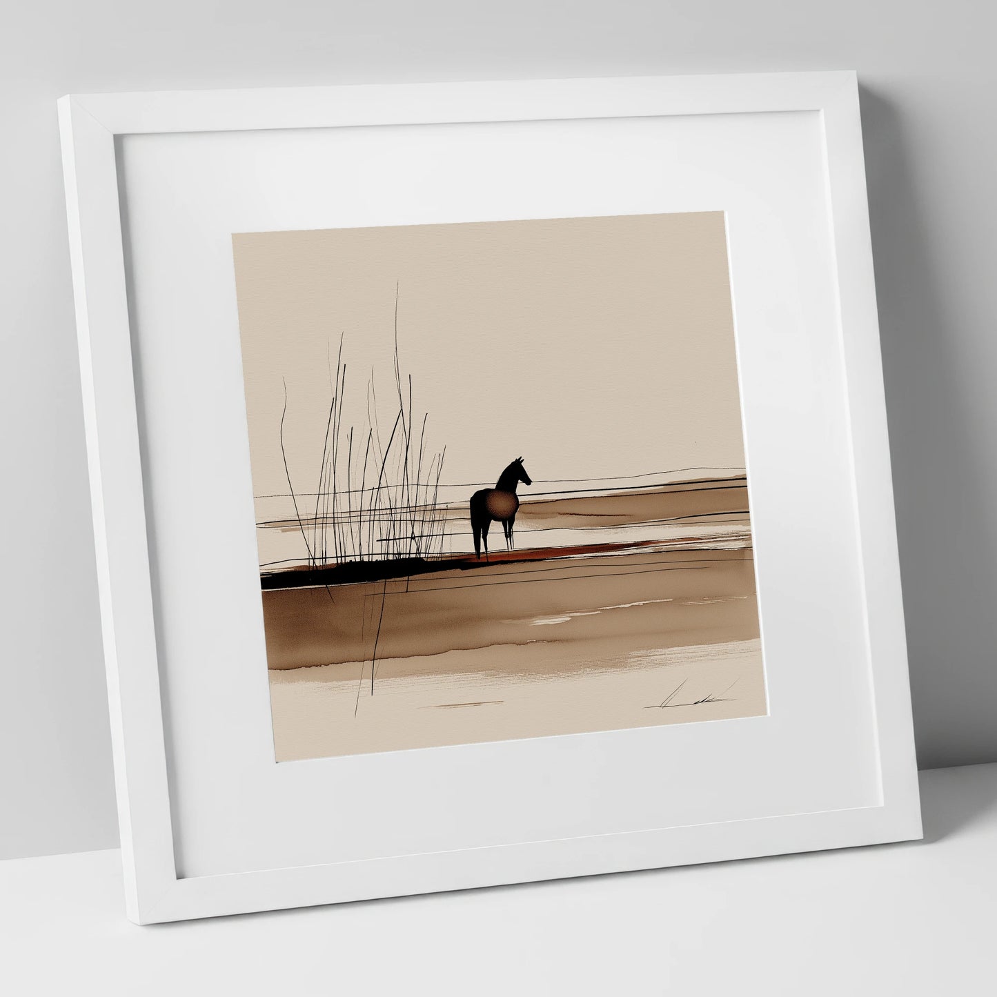 Marshland Solitude horse landscape art print in white frame