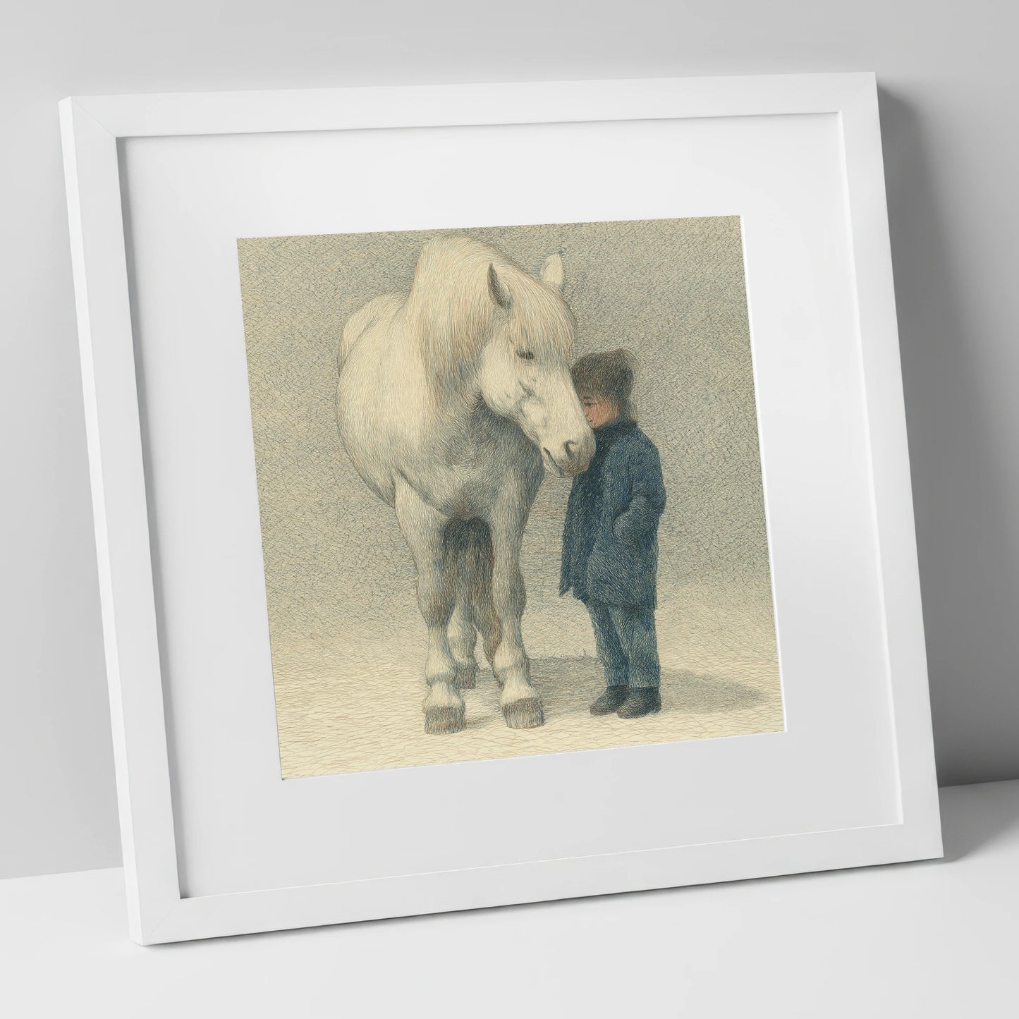 Quiet Trust horse & rider art print in white frame