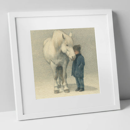 Quiet Trust horse & rider art print in white frame