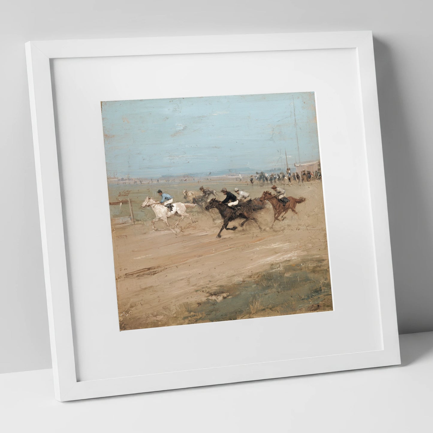 The Final Furlong racing horse art print in white frame