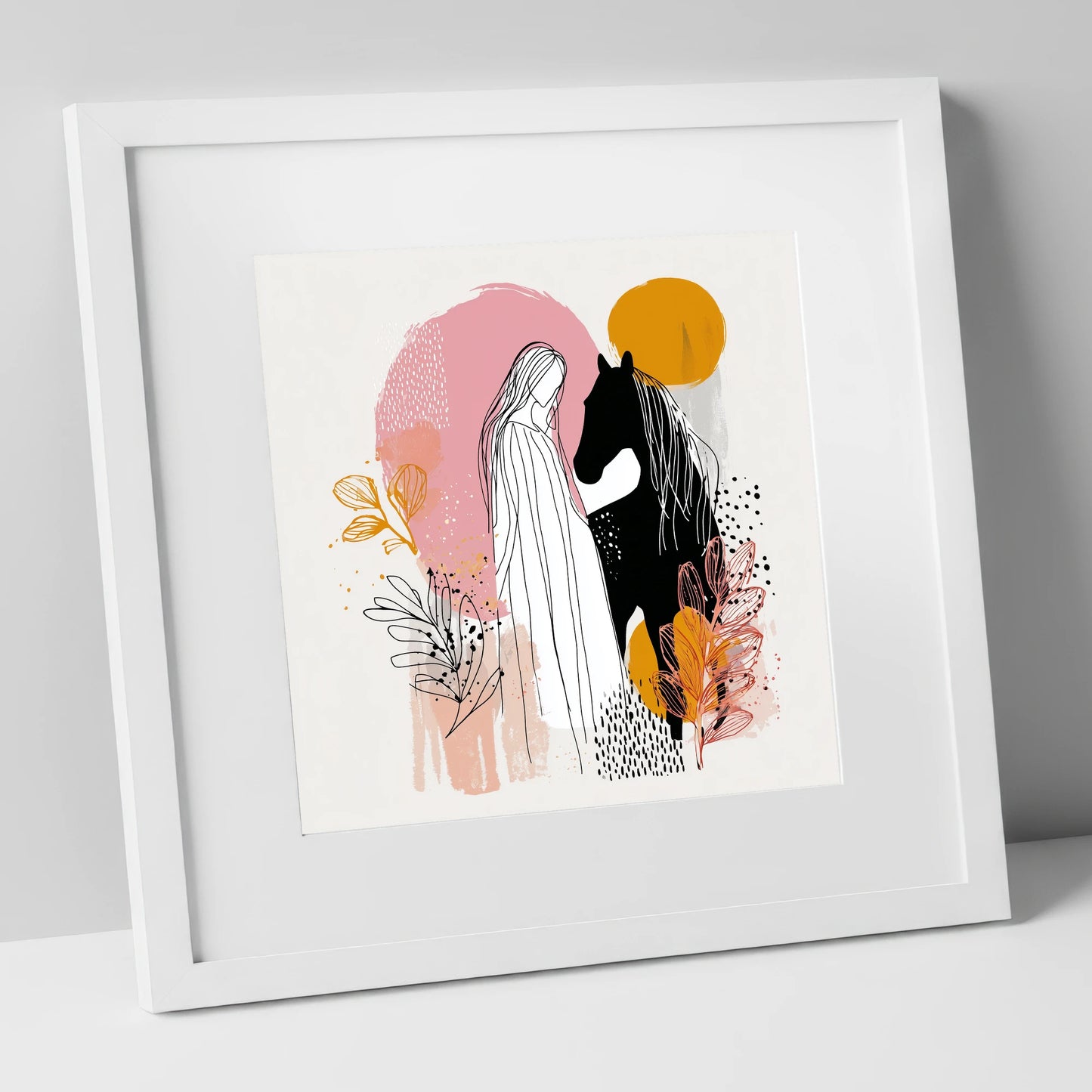 Abstract Equine Harmony horse & rider art print in white frame