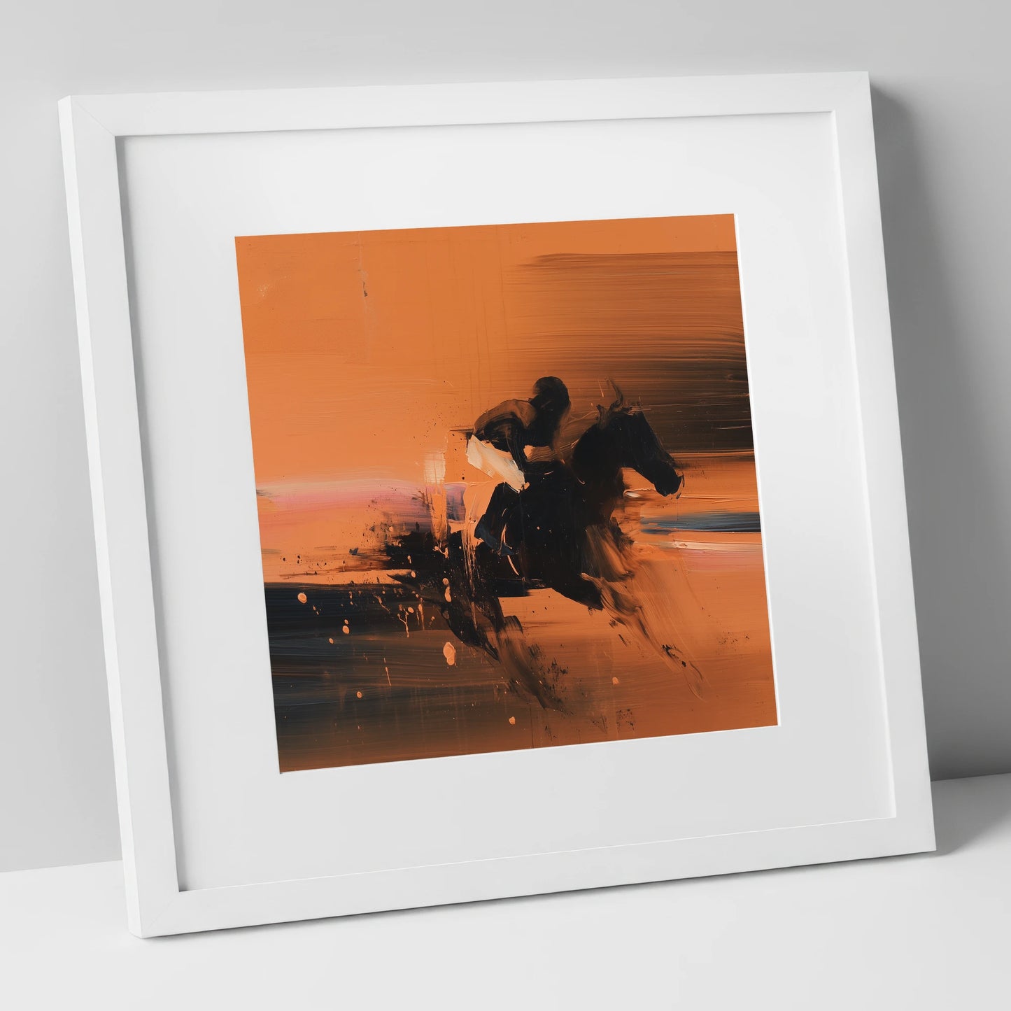 Through the Amber Dust racing horse art print in white frame