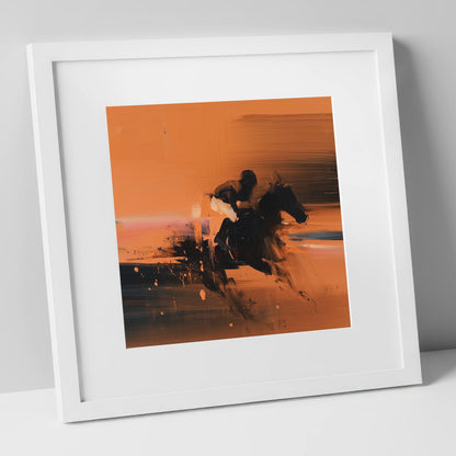 Through the Amber Dust racing horse art print in white frame