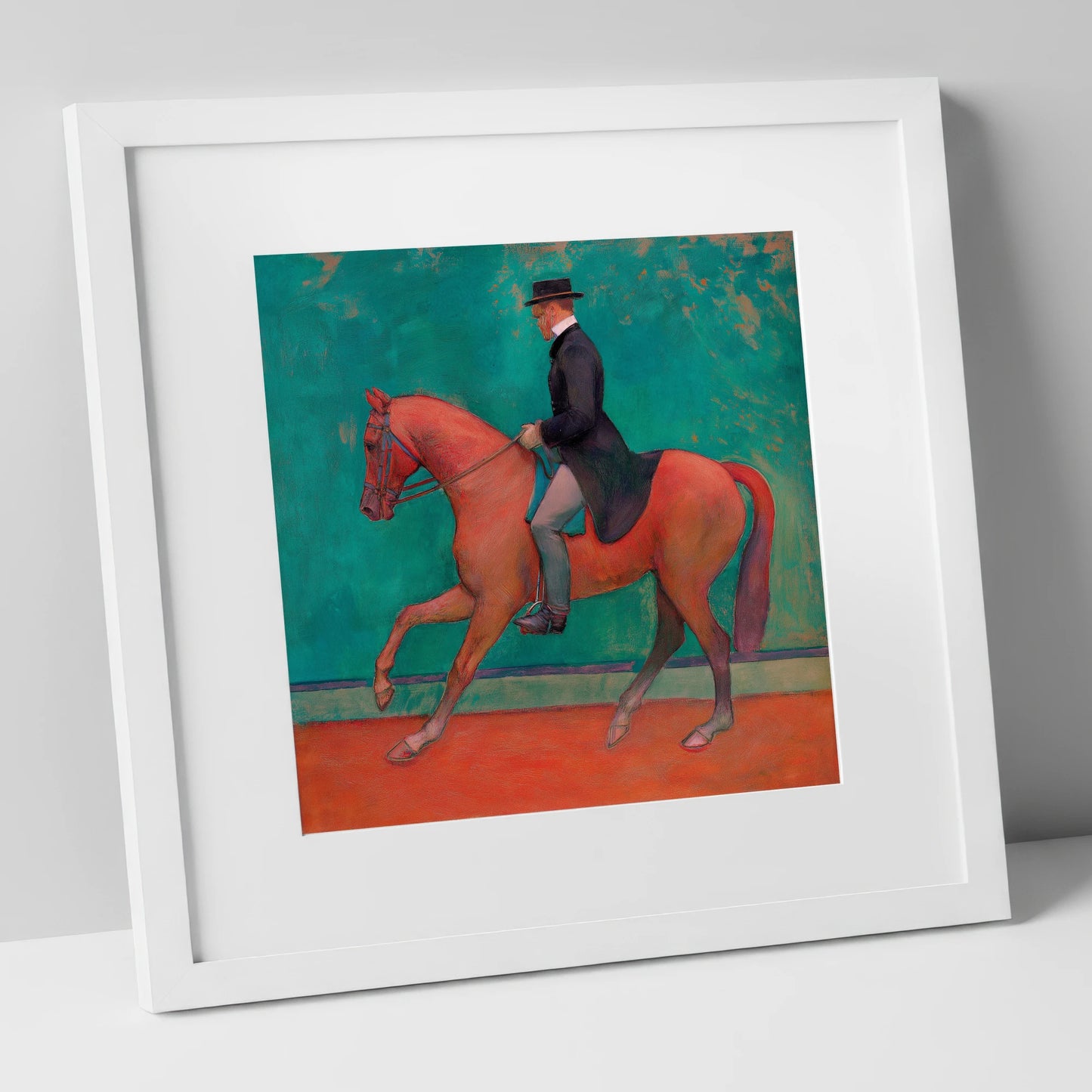The Emerald Passage dressage horse art print in white frame