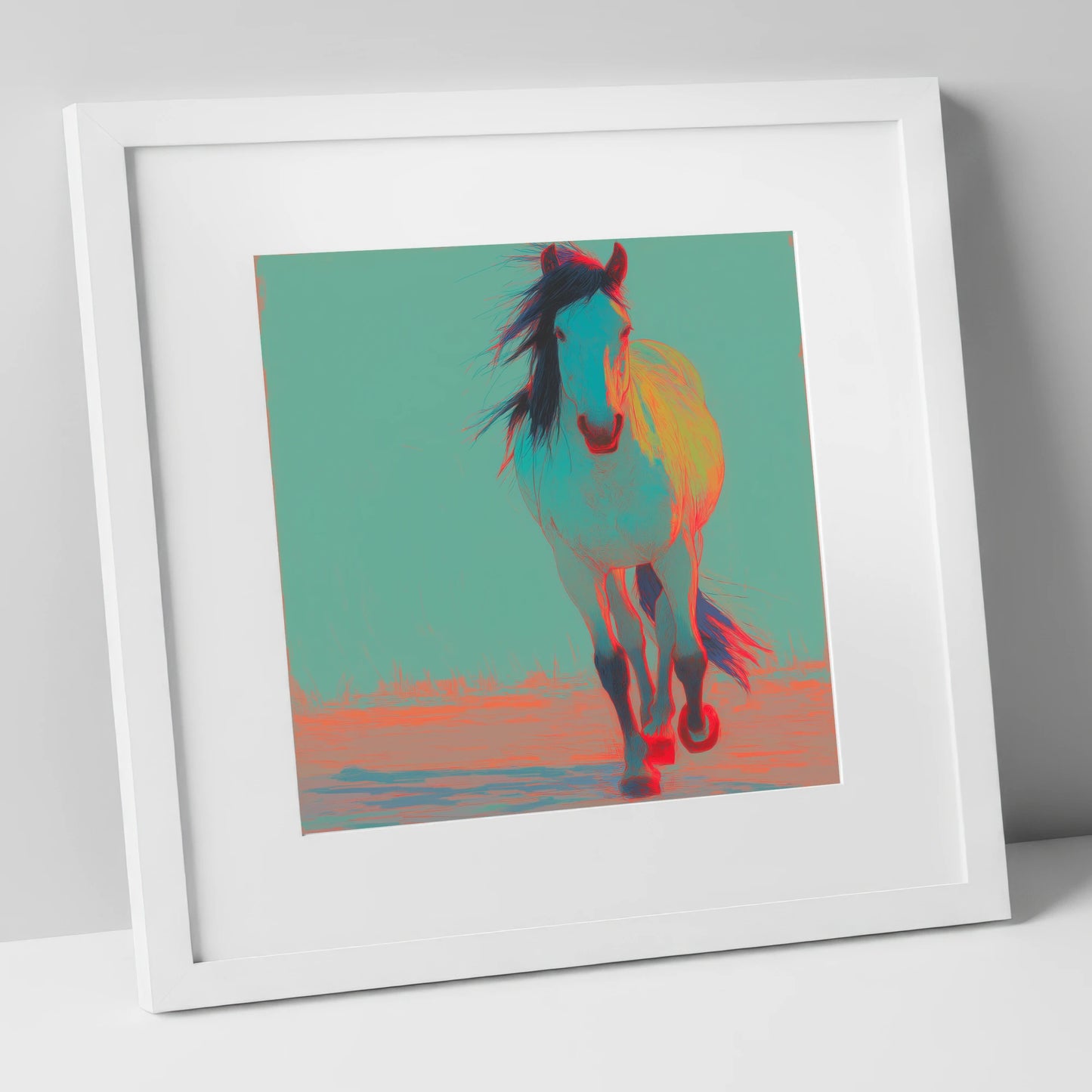 Electric Cyan Stride horse portrait art print in white frame