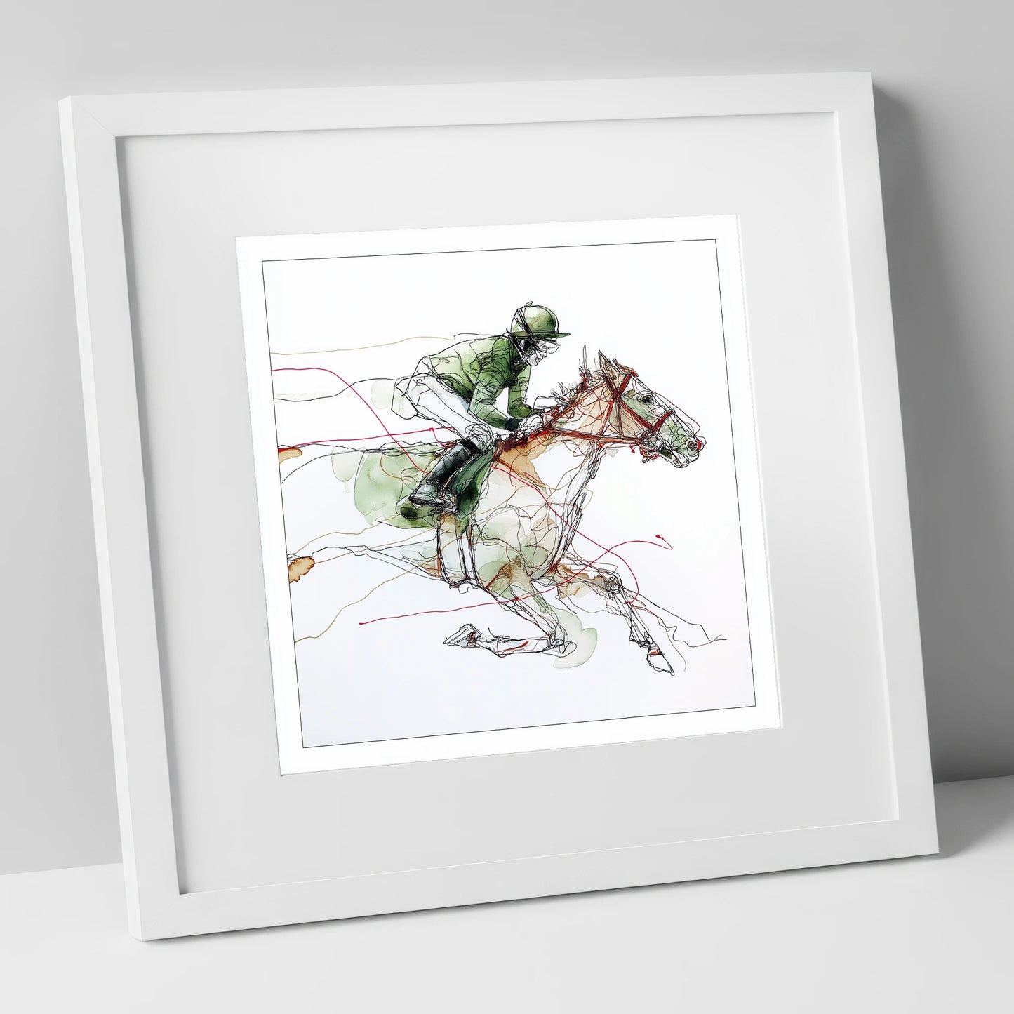 The Final Furlong racing horse art print in white frame