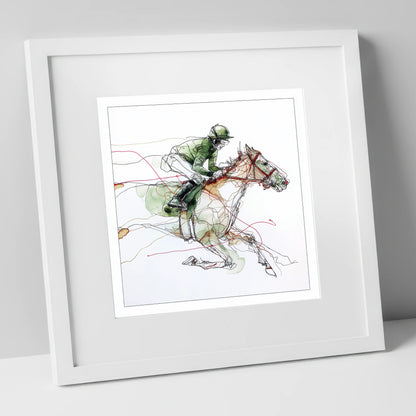 The Final Furlong racing horse art print in white frame