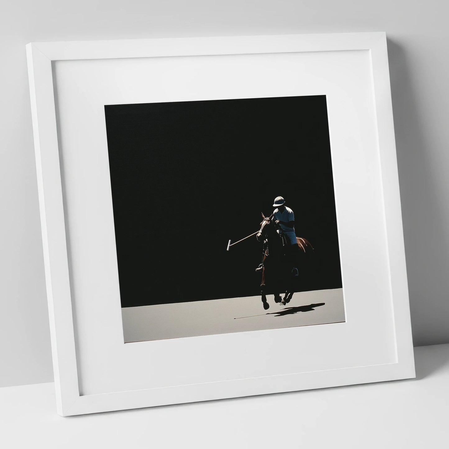 Shadows of the Chukka polo horse art print in white frame