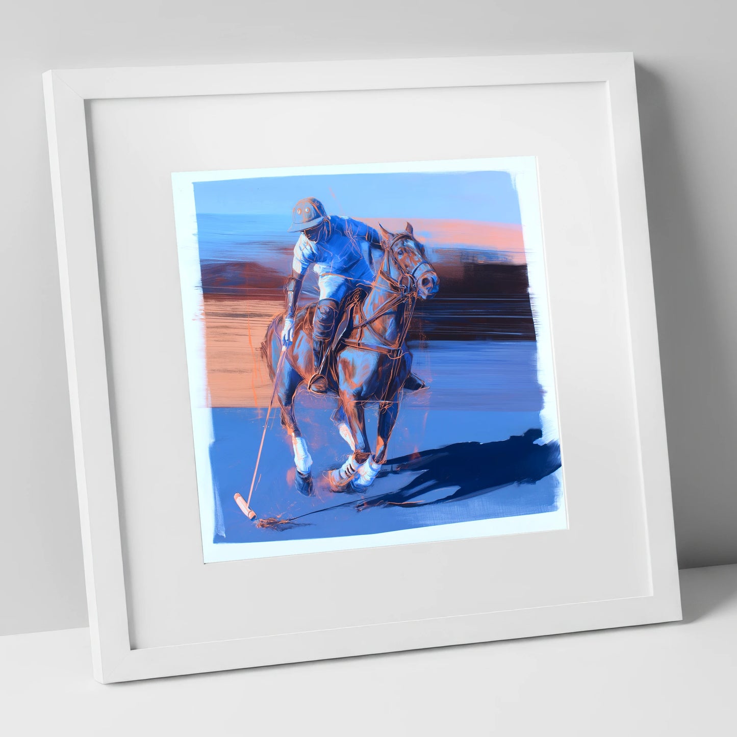 The Cobalt Chukka polo horse art print in white frame