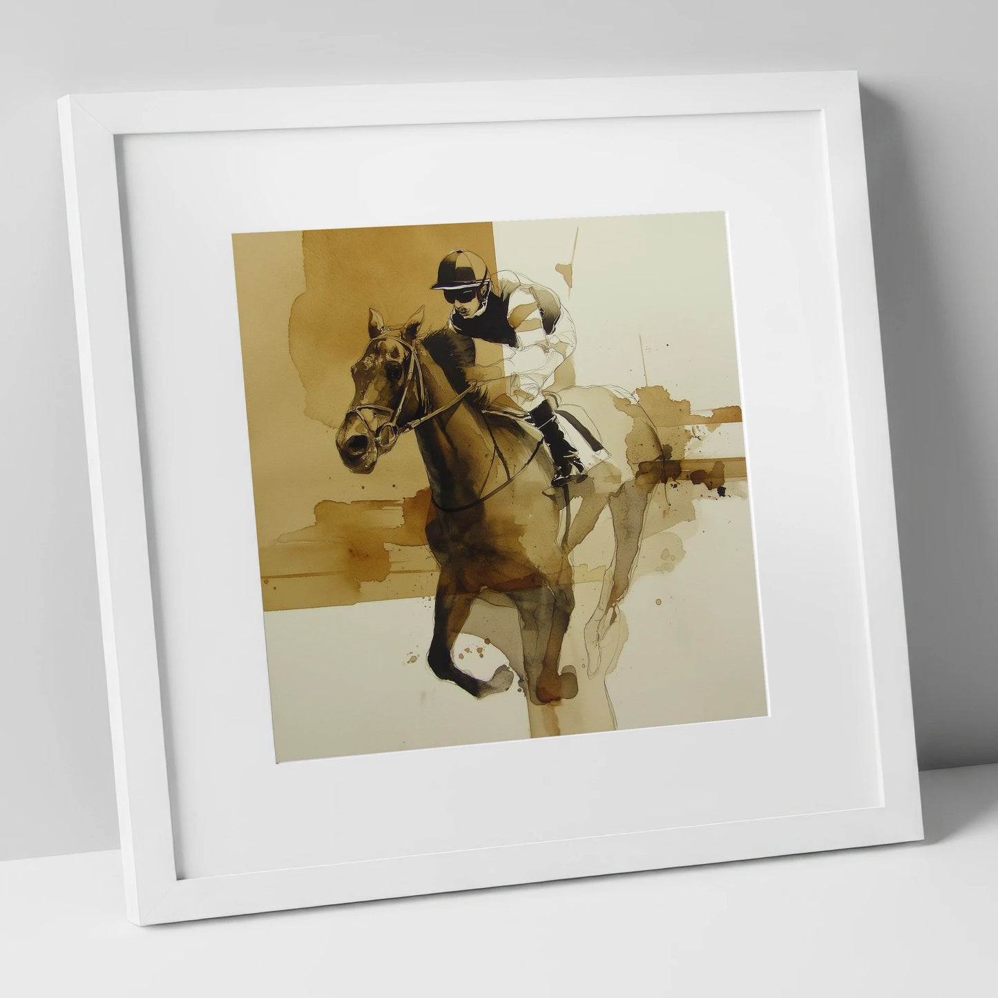 Sepia Sprint racing horse art print in white frame