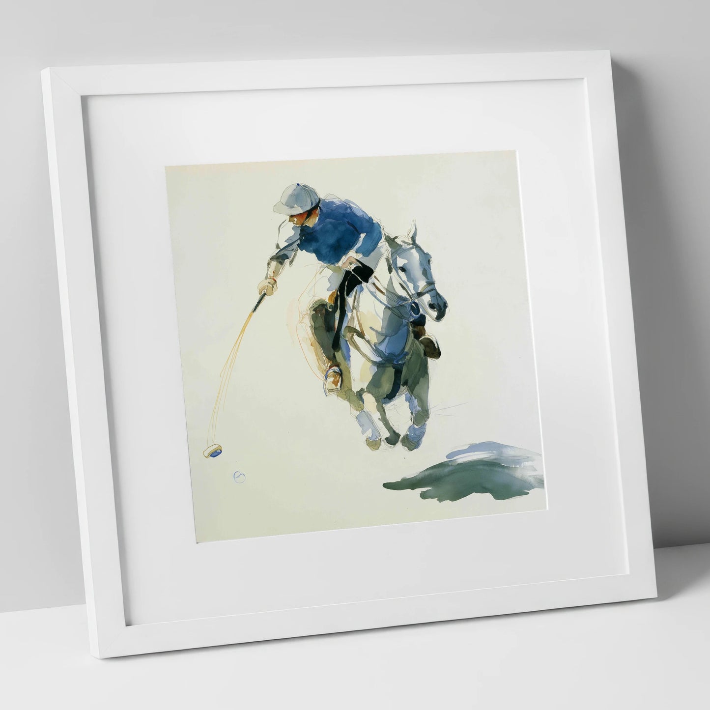 The Decisive Downward Swing polo horse art print in white frame