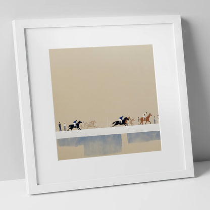 The Final Stretch racing horse art print in white frame