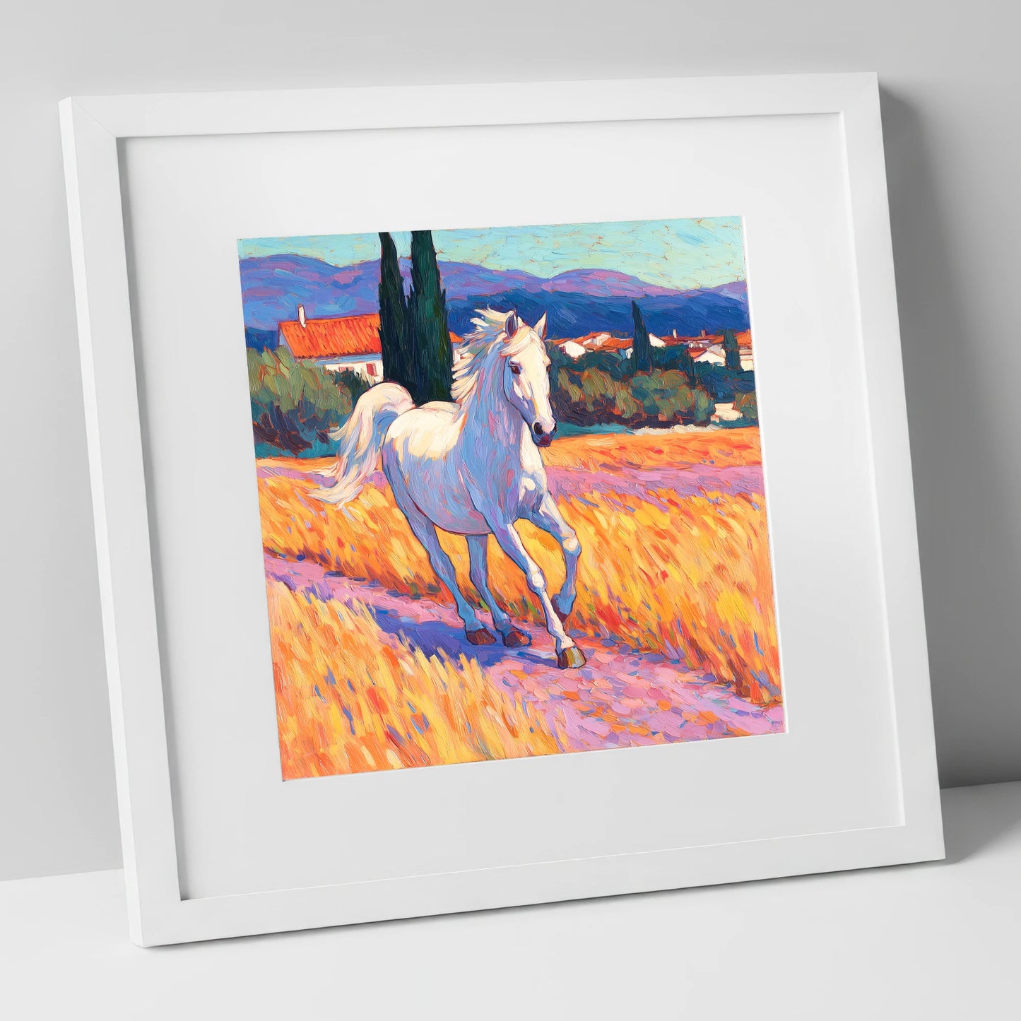 Sunlit Provincial Grey horse breed art print in white frame
