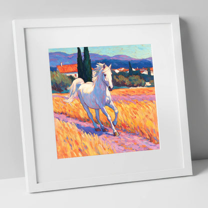Sunlit Provincial Grey horse breed art print in white frame