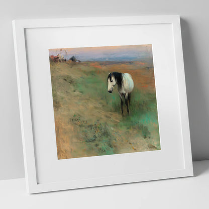 Dusk on the Headland horse landscape art print in white frame